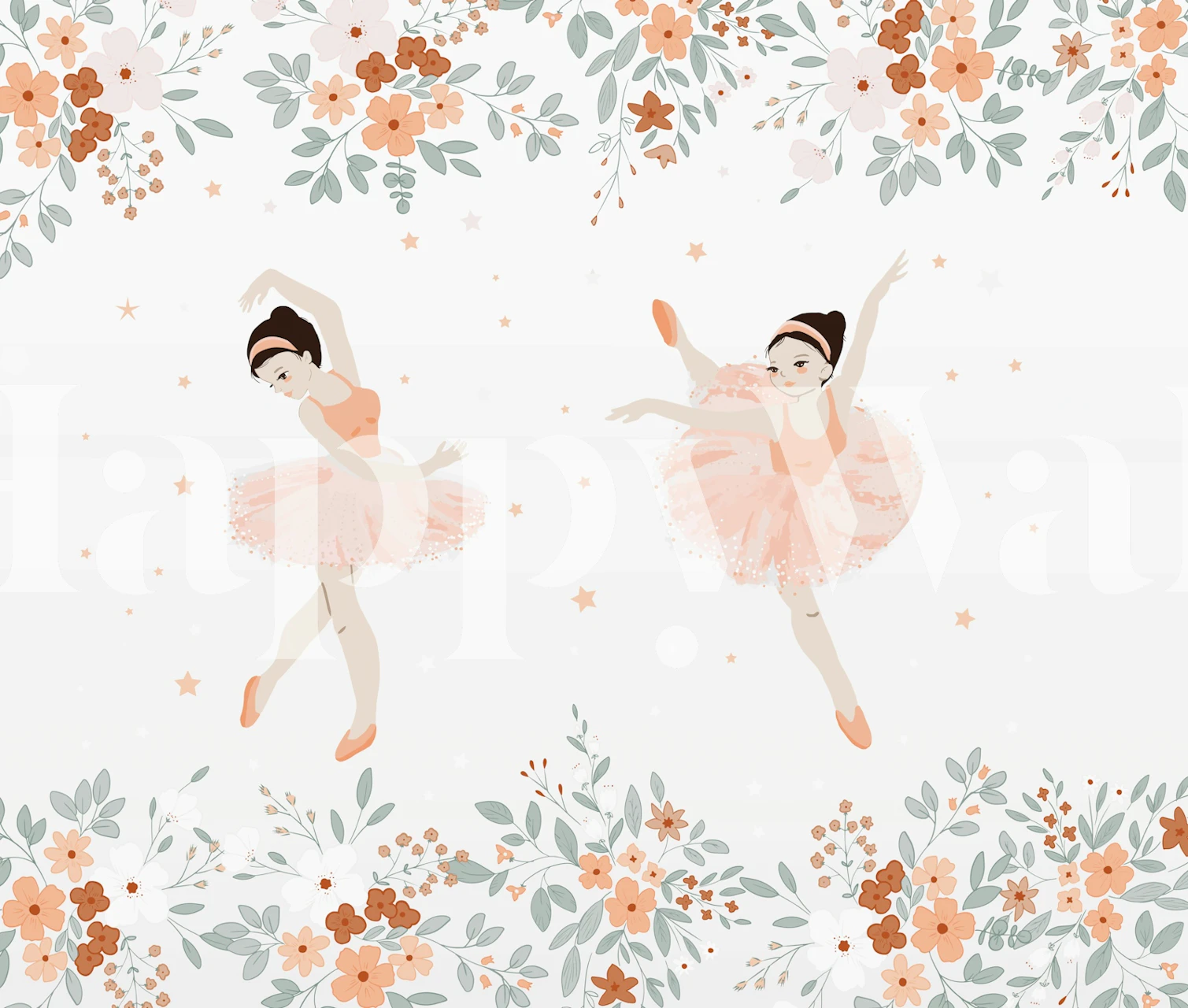 Two ballerinas dancing in pink tutus surrounded by flowers wallpaper