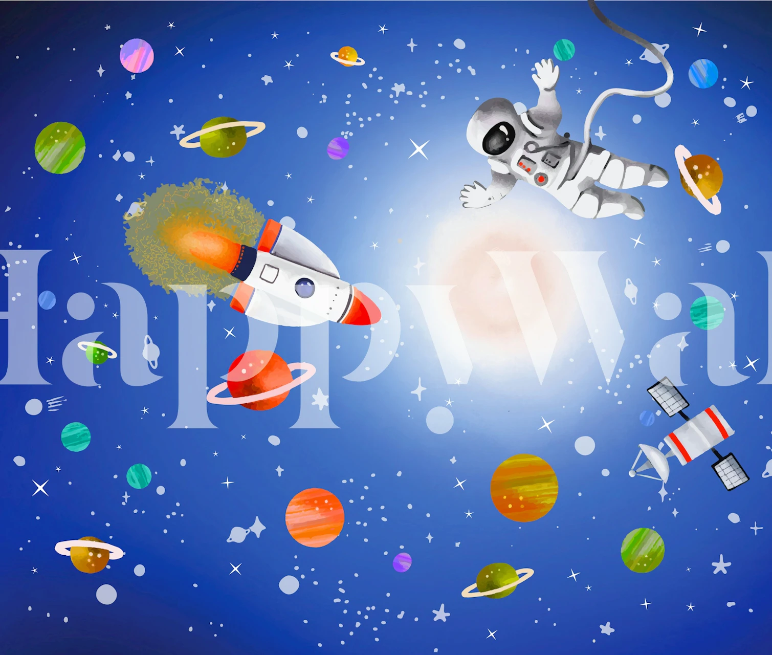 Colorful space scene with planets, rockets, astronaut, blue background wallpaper