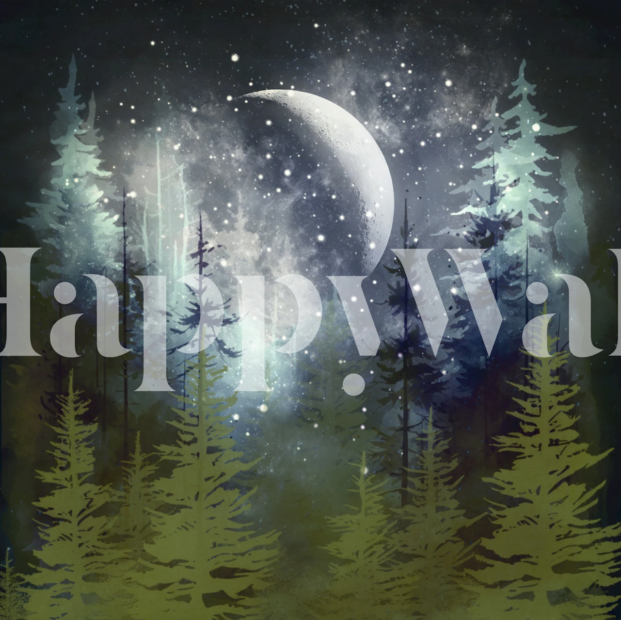 Moonlit woodland scene with trees and stars wallpaper
