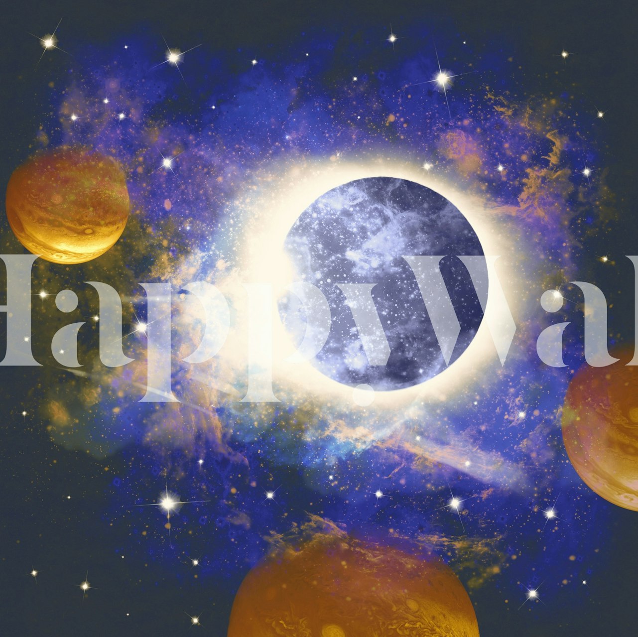 Celestial design with planets and stars in purple and gold tones wallpaper