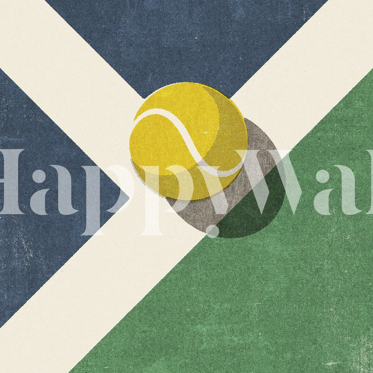Tennis court wallpaper with yellow ball on blue green geometric background