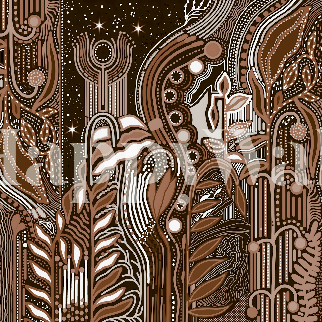 Abstract floral design in brown tones with intricate lines wallpaper