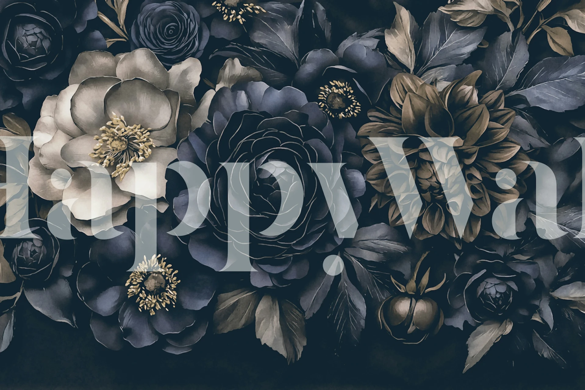 Floral design with dark blue peonies and golden accents wallpaper