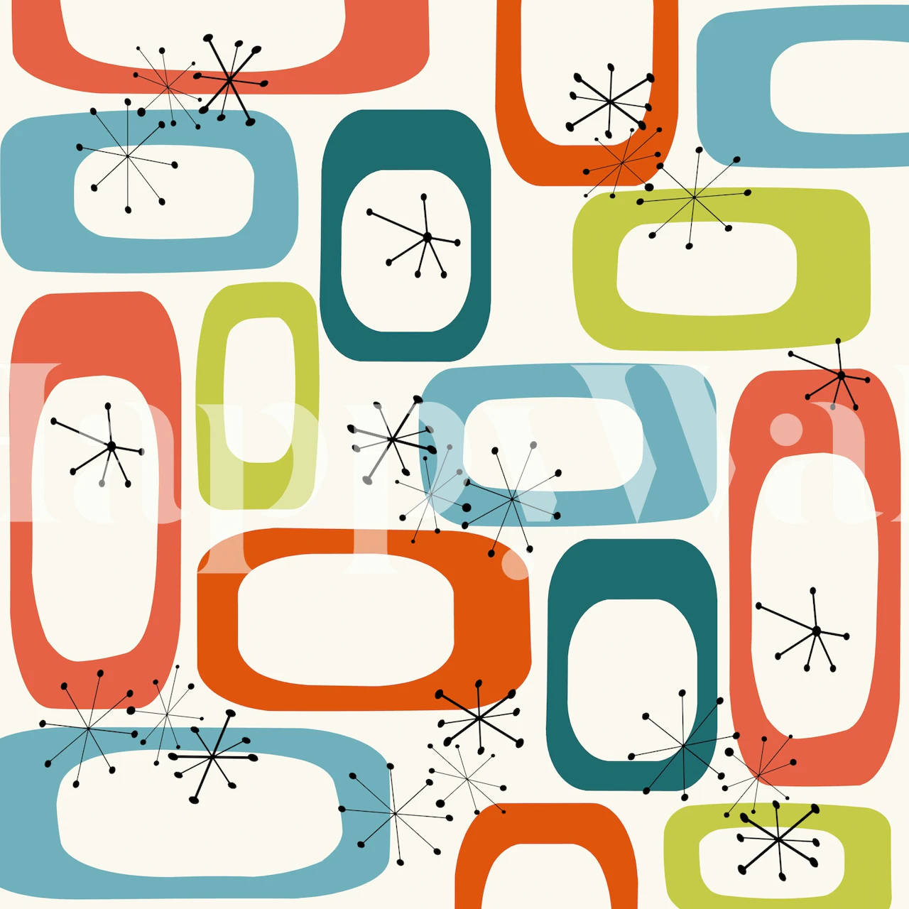 Colorful mid century modern pattern wallpaper with abstract shapes