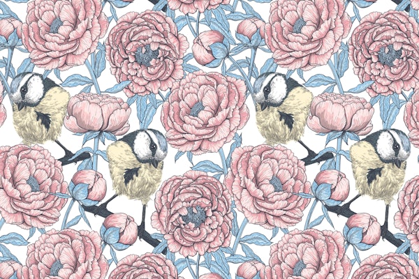 Peony flowers and birds