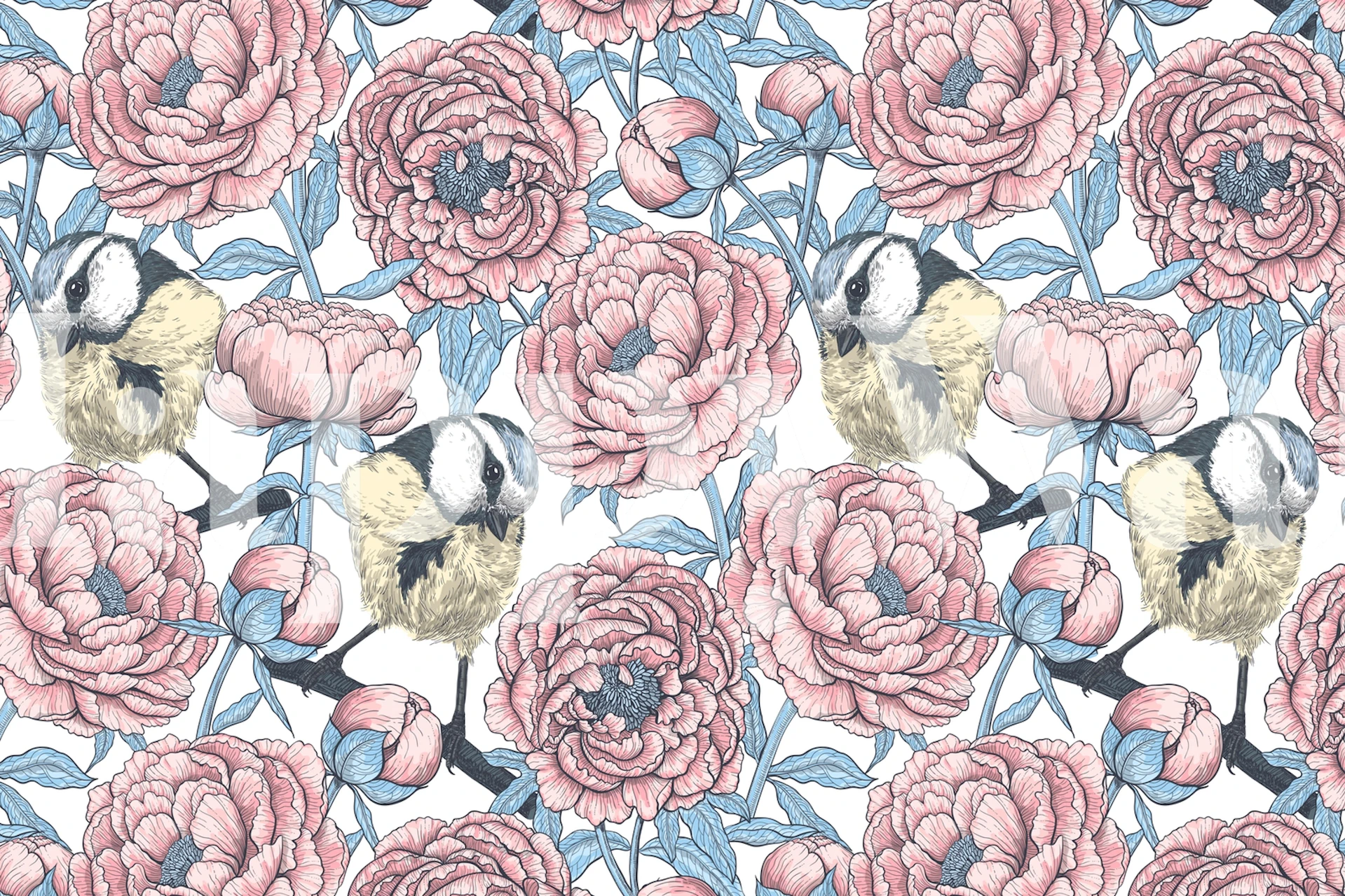 Peony flowers and birds design de papel de parede