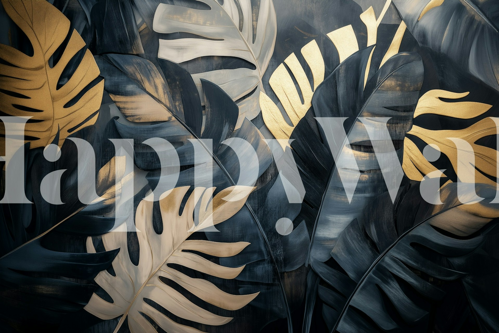 Gold and dark blue tropical leaves pattern wallpaper